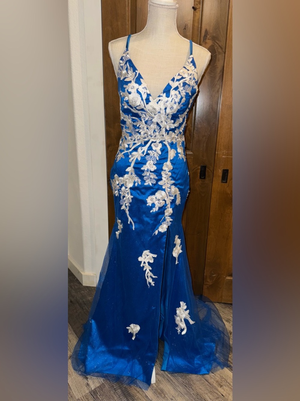 Blue Mermaid Lace Applique Prom Dresses with Slit Spaghetti Strap Lace Up Back